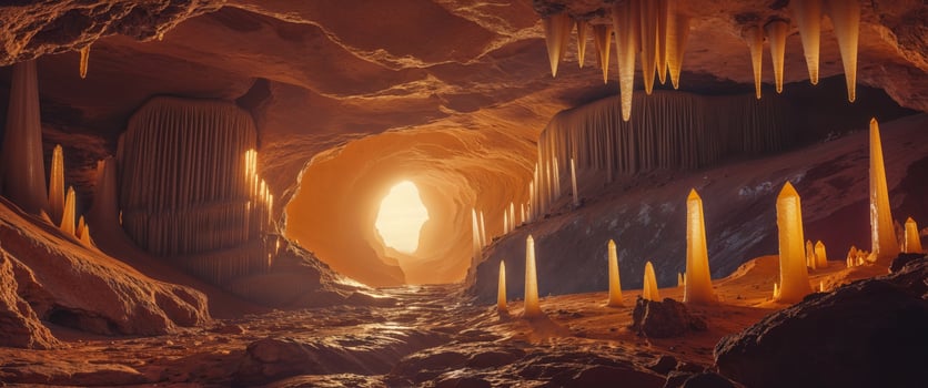 Enchanting Cave with Stalactites Illuminated by a Vibrant Sunset Creating a Magical Atmosphere and Captivating Natural Beauty in a Hidden World photo