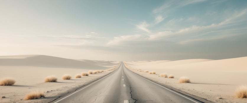 Long desert road leading towards a dramatic horizon. photo