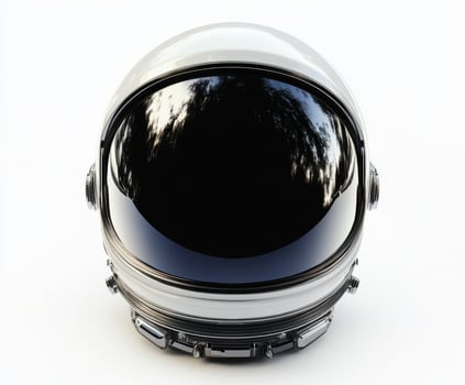 Astronaut helmet displayed against a white background highlighting its sleek design and reflective visor features photo