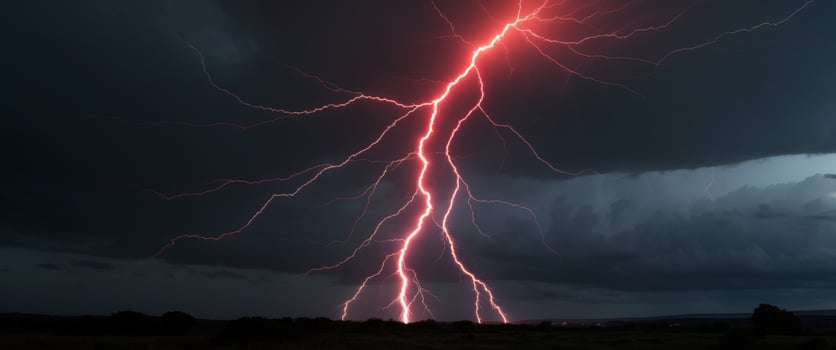 Striking red lightning bolt illuminates the dark sky. photo