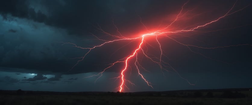 Striking red lightning bolt illuminates the dark sky photo