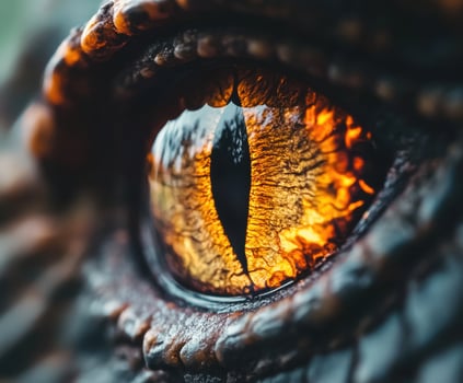 Close-up of a detailed dragon eye showcasing vibrant colors and intricate textures in a mystical forest setting photo