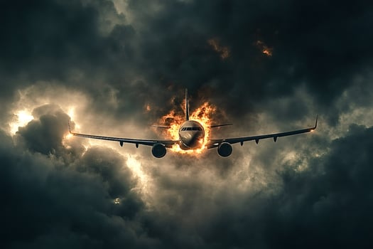 Passenger plane burning and crashing in stormy clouds photo