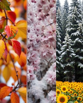 Seasonal Transitions in Nature Autumn Leaves Winter Snow Spring Blooms photo