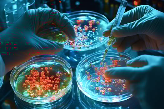 Scientists analyzing petri dishes with bacteria colonies growing in laboratory photo