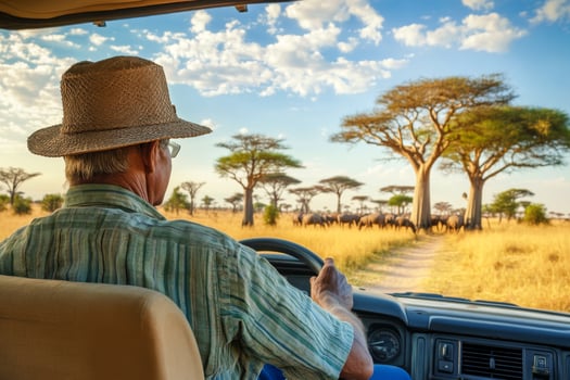 Man in car looking at wild animals in savannah photo