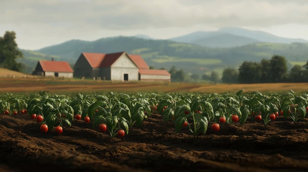 Rural Farmland Landscape Tomatoes Ripening in Field with Barns and Mountains photo