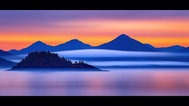 Serene Island Sunset Misty Mountains Tranquil Waters Colorful Sky photo