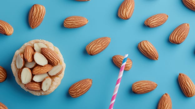 Delicious Almond Cookie with Whole and Sliced Almonds on Blue Background photo
