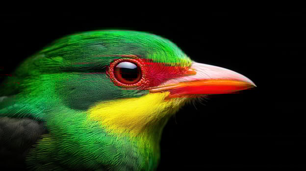 Vivid Green Bird Close Up Red Beak Yellow Throat Exotic Wildlife Portrait photo