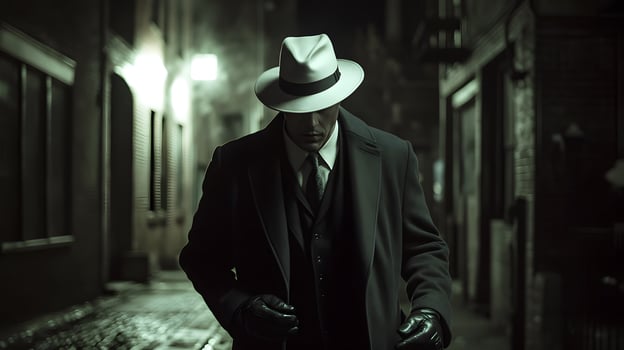 Mysterious Man in Fedora Hat Walking in Dark Alley at Night photo