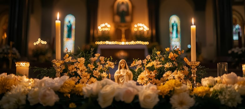 beautiful altar with flowers, candles, and a statue of Mary in a church setting photo
