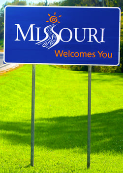 Missouri, USA, 2025 - Welcome to Missouri State Road Side Sign on Highway photo