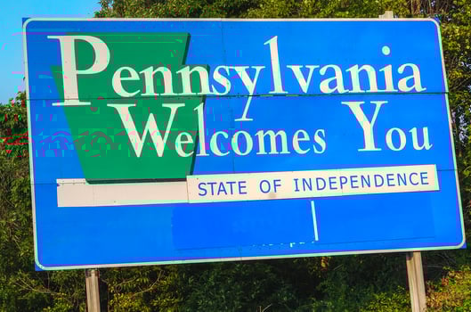 Pennsylvania, USA, 2025 - Welcome to Pennsylvania, Entrance Sign Board on Highway photo