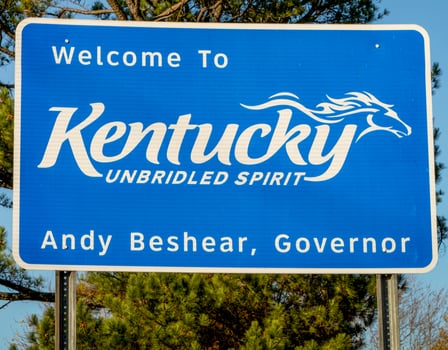 Kentucky, USA, 2025 - Welcome to Kentucky State Road Side Sign on Highway photo