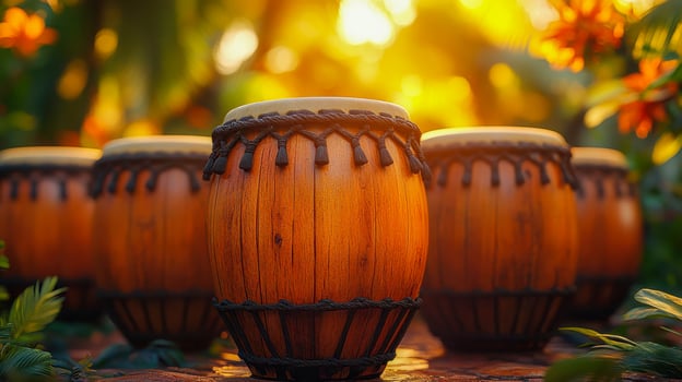 A group of drums sitting on a wooden surface photo