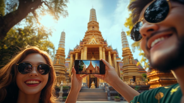 group of friends taking photos at the vibrant and intricate Grand Palace in Bangkok