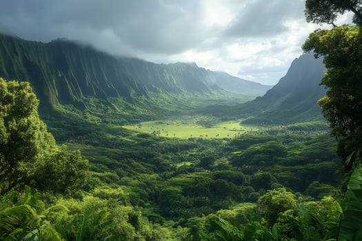 Dramatic clouds hovering over lush green valley on kauai island, hawaii photo