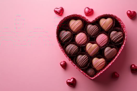 Heart shaped box overflowing with assorted chocolate candy for valentine's day photo