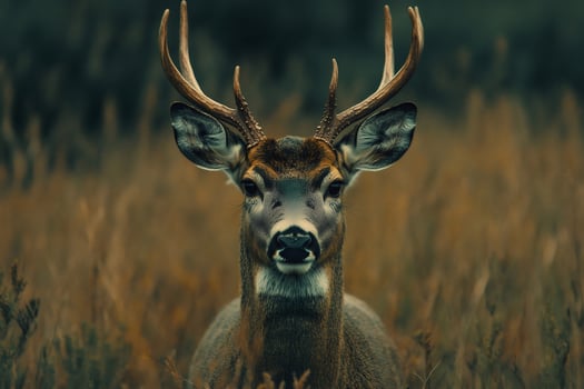 Majestic buck standing in tall grass at dawn photo