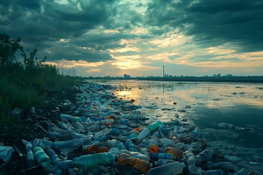 Plastic bottles polluting the shore of a river at sunset photo
