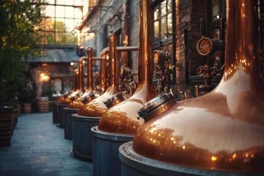Copper stills in a distillery producing alcoholic beverages. photo