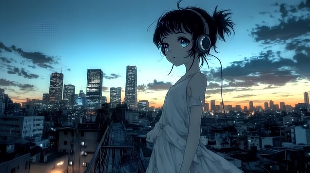 A young woman with headphones, enjoying music on a rooftop with a view of the city. A perfect scene for themes of music, relaxation, and freedom. photo