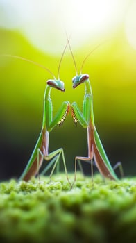 two praying mantises are standing on top of a green plant photo