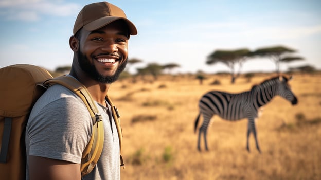 african man with backpack and zebra in the savannah photo