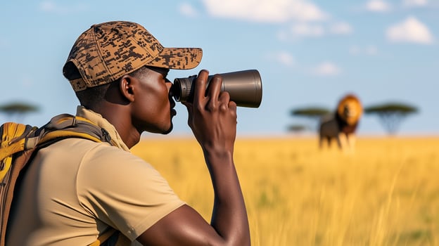 african Man wearing a safari hat and backpack observes wildlife through binoculars in the golden savannah photo