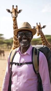 a man with a backpack and hat standing in front of giraffes photo