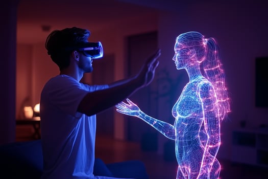 a young man in living room wearing virtual reality glasses and reaching out to touch a glowing digital hologram of a woman's body standing next to him photo