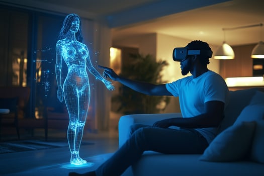 a man wearing a virtual reality headset is sitting on a couch photo