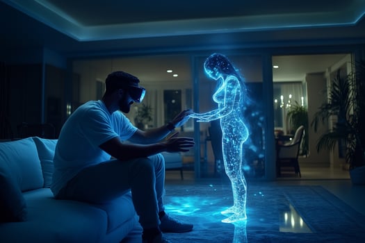 a man in a virtual reality headset touching a holographic woman photo