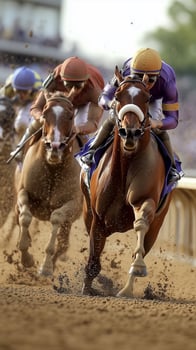 three jockeys race horses down a dirt track photo