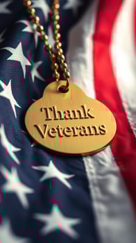 Gold tag with message of gratitude for veterans on American flag background photo