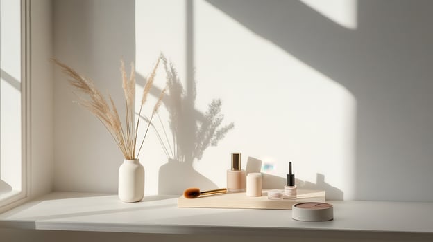 A white shelf with cosmetics and a vase of grass photo