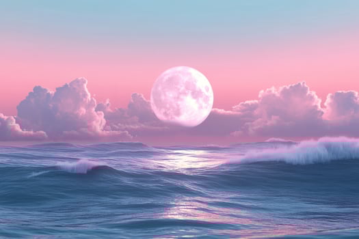 Pink full moon rising above ocean waves at sunset with cloudscape photo