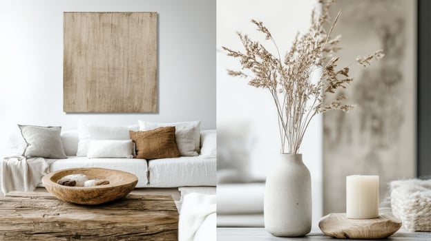 A living room with a wooden table, white couch and a wooden wall photo