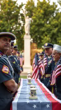 Honorary ceremony with uniformed personnel and flags during a memorial event in a public park photo