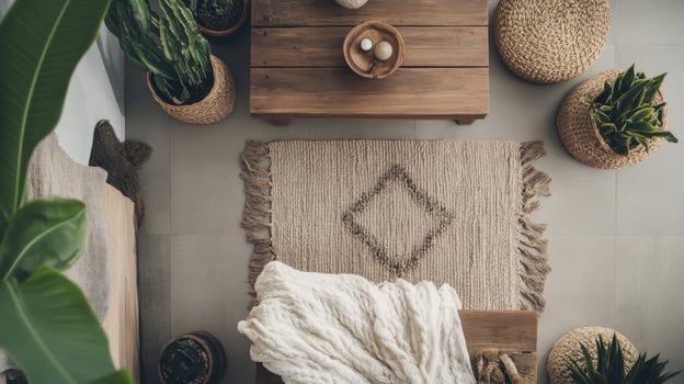 A rug, a wooden table and a plant on a floor photo