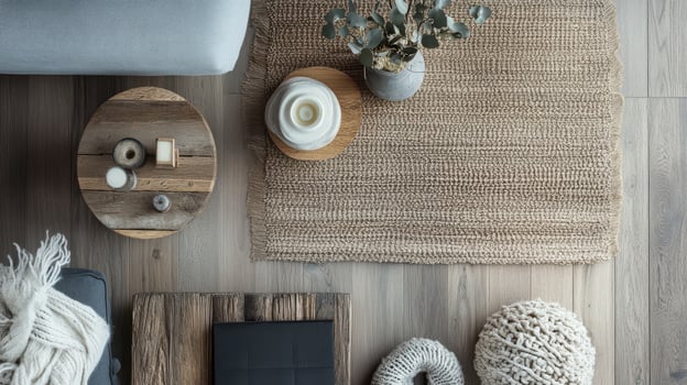 A wooden floor with a rug, a coffee table, and a vase photo