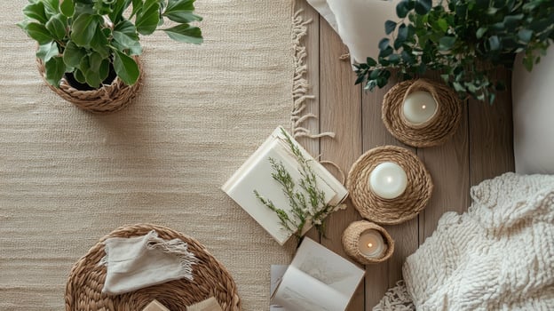A wooden floor with a basket, candles and a plant photo