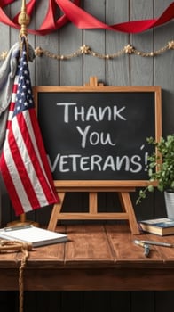 Celebration of veterans with a thank you message on a chalkboard and an American flag displayed indoors photo
