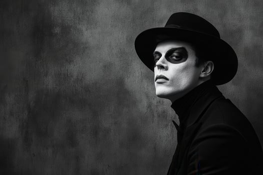 Singer wearing black hat and makeup posing in black and white photo