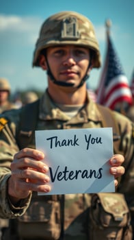 Soldier holding a sign expressing gratitude to veterans during an outdoor ceremony at a military event photo