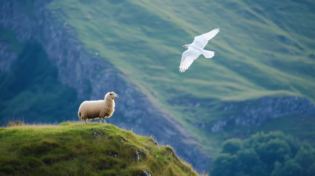 Sheep perched on a verdant hilltop photo