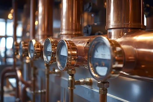 Copper pipes and pressure gauges measuring industrial process photo