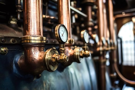 Copper pipes, brass valves and pressure gauges showing industrial machinery photo