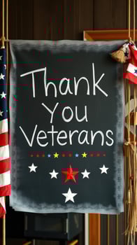 Sign expressing gratitude to veterans, decorated with stars and flags in a festive setting photo